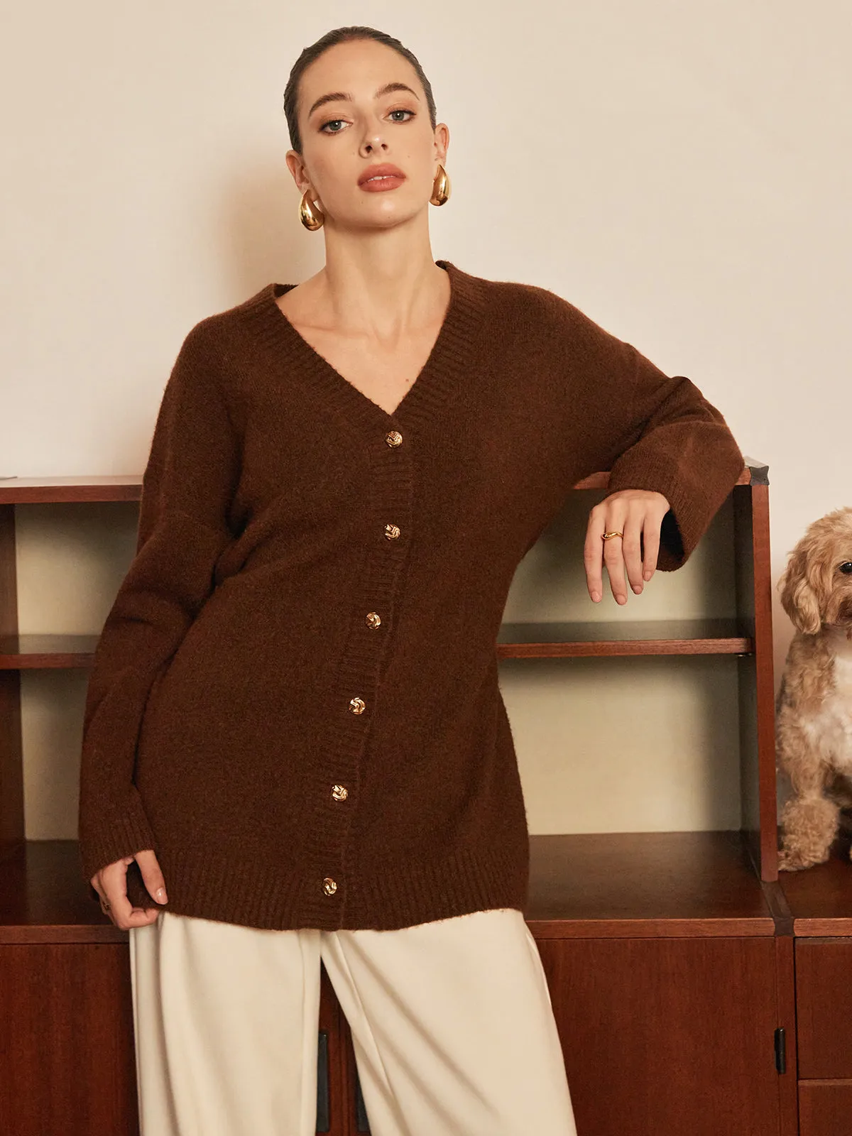 Wool-Blend Metal-Button Belted Cardigan sold by COMMENSE product image thumbnail 4