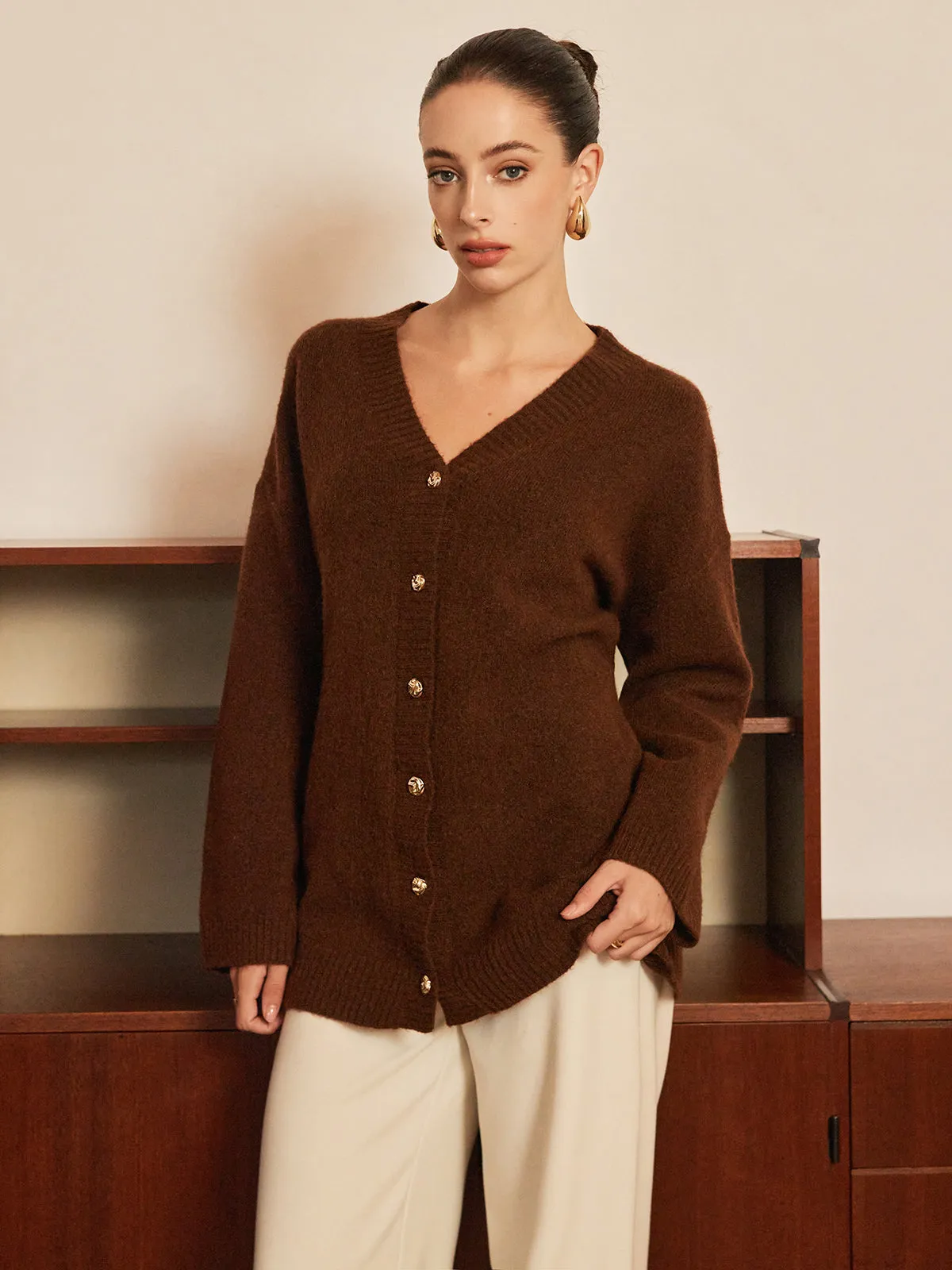 Wool-Blend Metal-Button Belted Cardigan sold by COMMENSE
