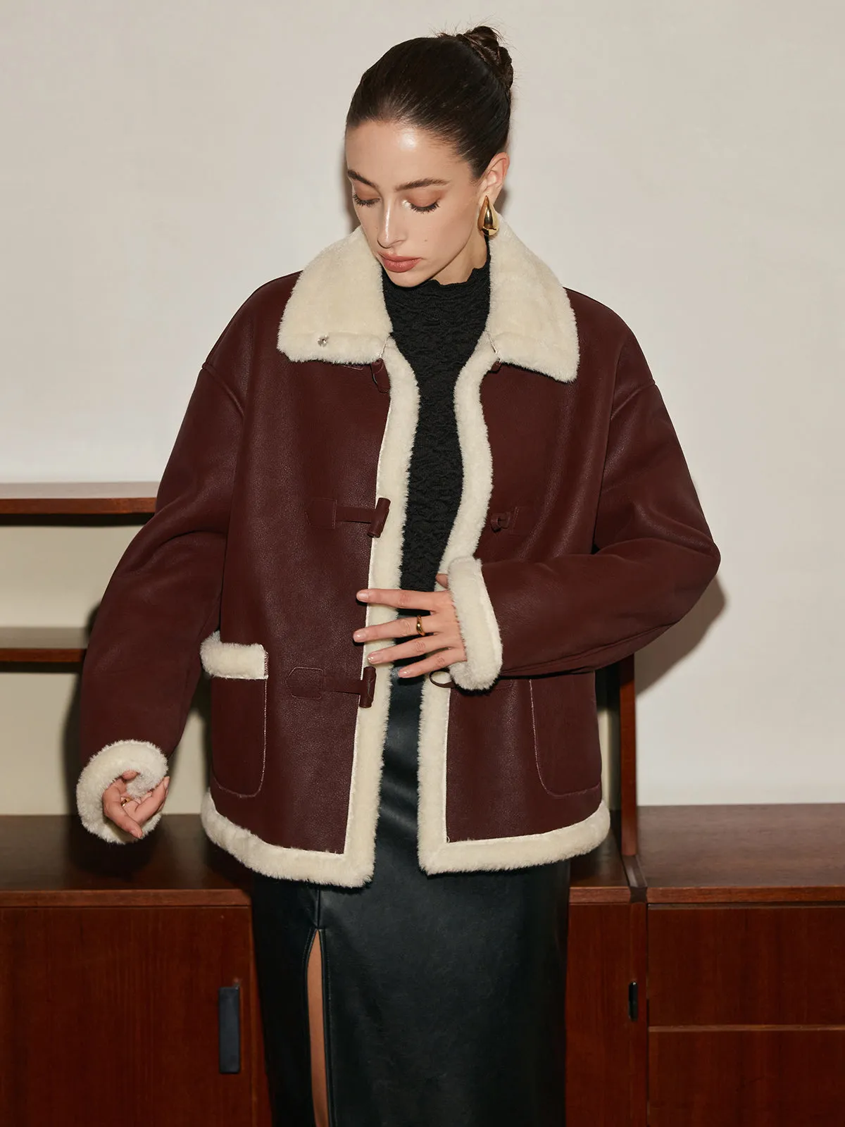 Fleece Lined Faux Leather Lapel Coat sold by COMMENSE product image thumbnail 2