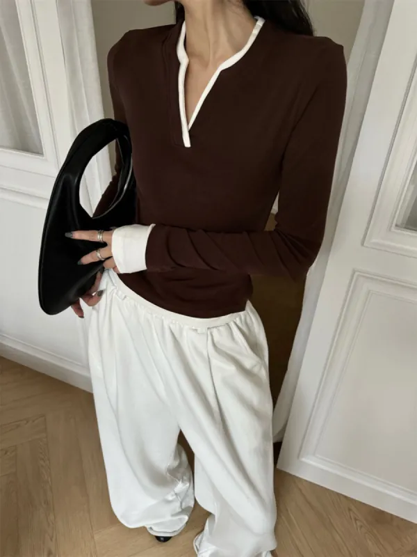 2 in 1  V-Neck Contrast Trim Jersey Top made by COMMENSE