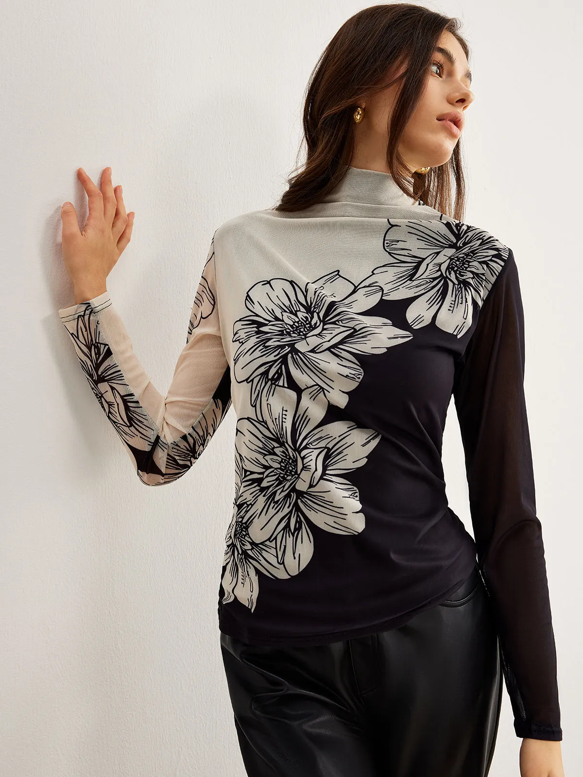 Color Block Floral Mesh Top sold by COMMENSE product image thumbnail 3