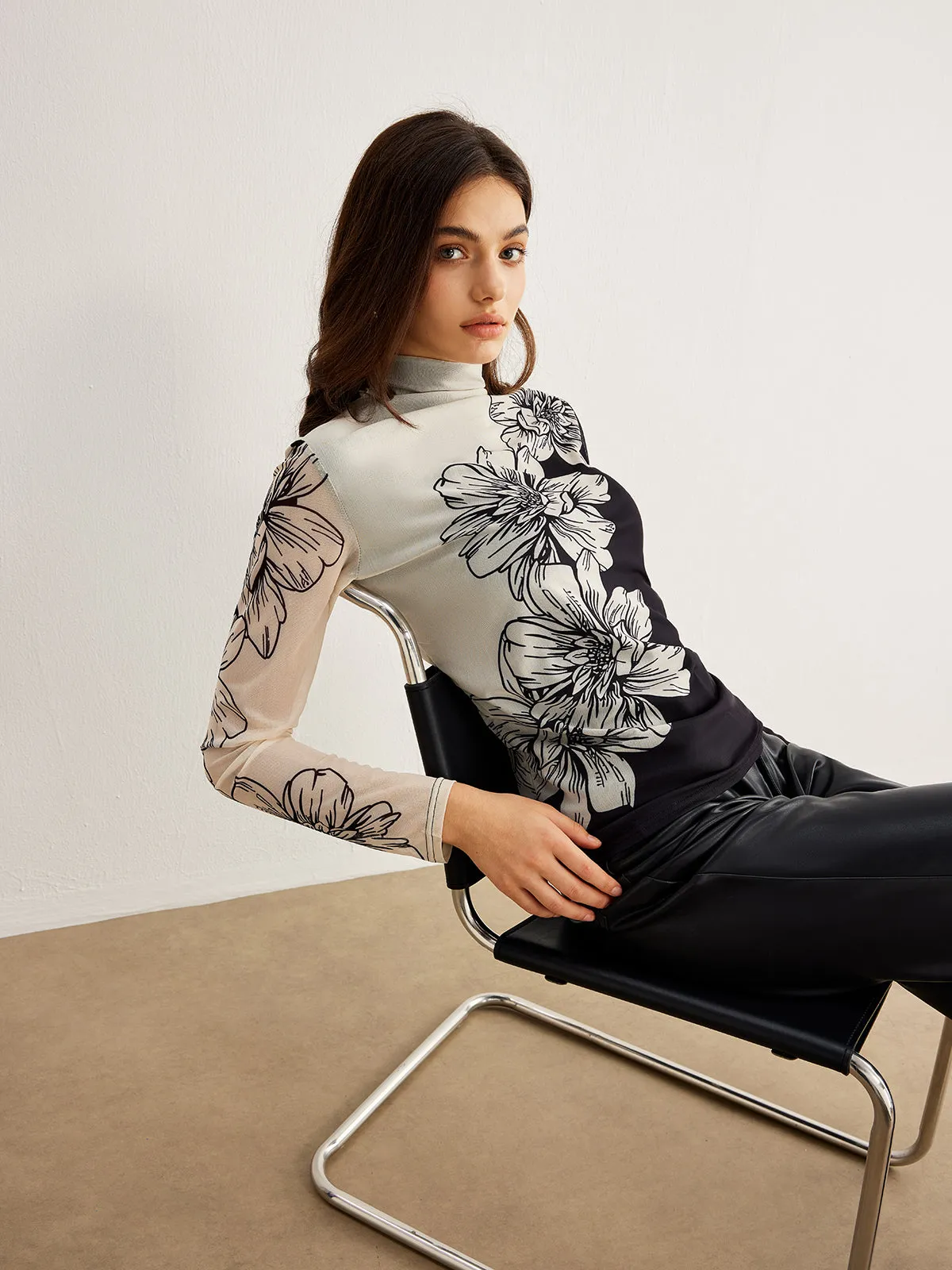 Color Block Floral Mesh Top sold by COMMENSE product image thumbnail 4