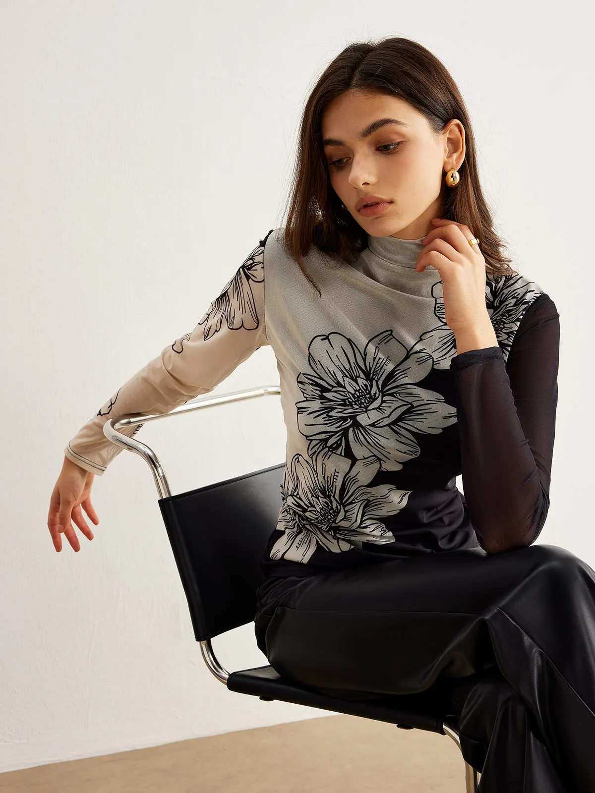 Color Block Floral Mesh Top sold by COMMENSE