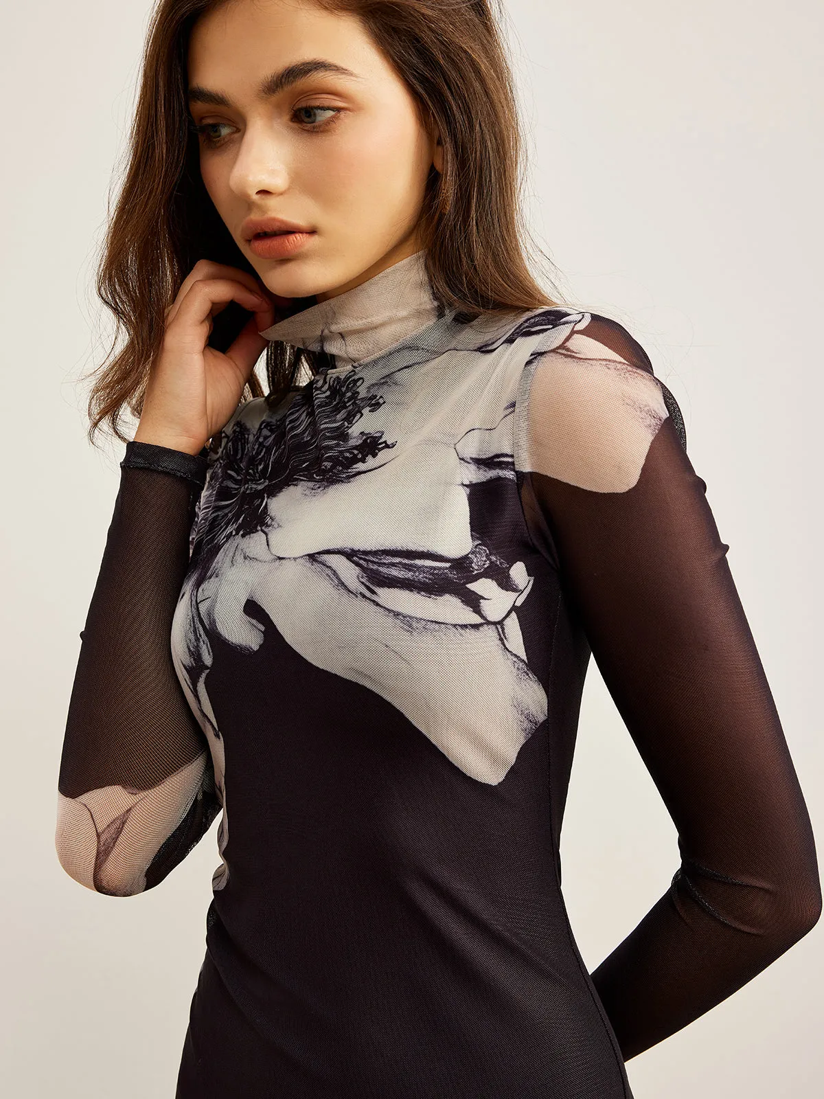 Mock Neck Printed Mesh Dress sold by COMMENSE product image thumbnail 2