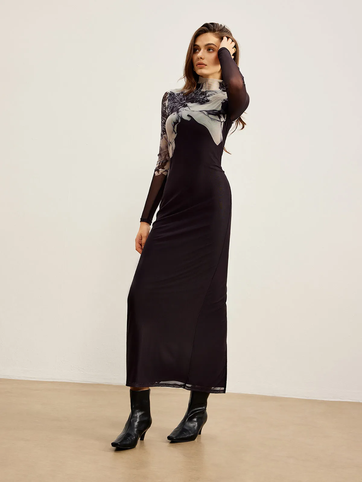 Mock Neck Printed Mesh Dress sold by COMMENSE product image thumbnail 4