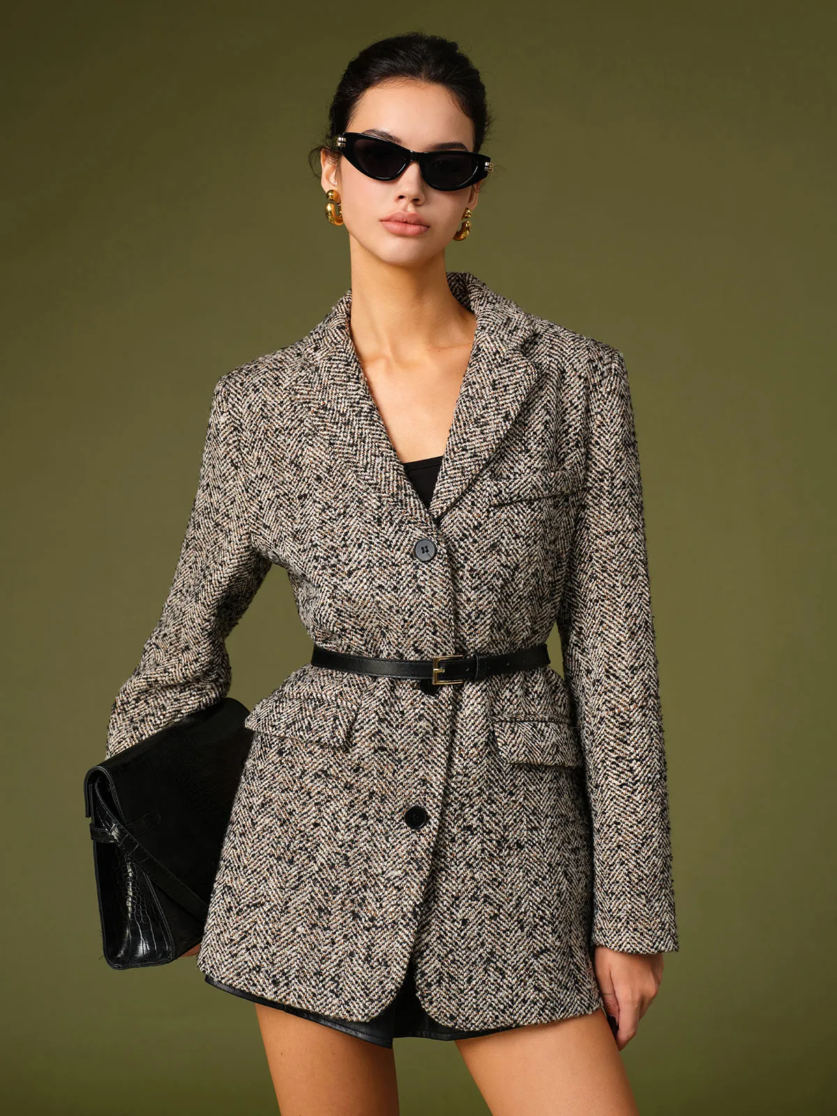Chevron Tweed Belted Blazer sold by COMMENSE