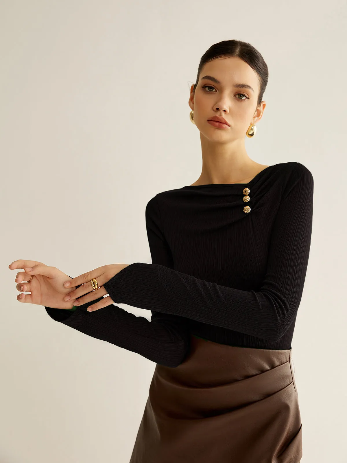 Metal Detail Pleated Blouse sold by COMMENSE