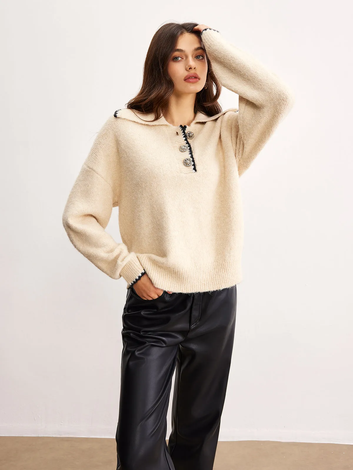 Wool-Blend Embroidered Trim Button Sweater sold by COMMENSE product image thumbnail 4
