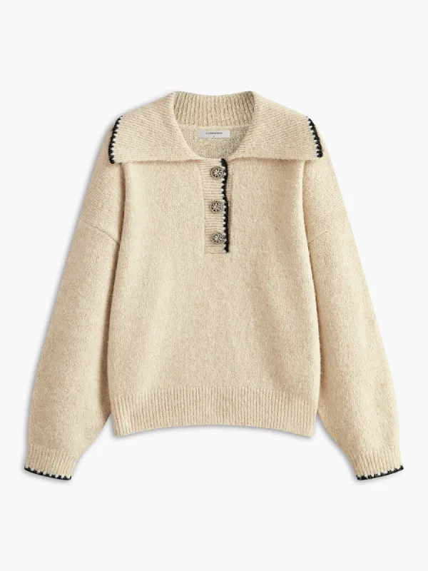 Wool-Blend Embroidered Trim Button Sweater sold by COMMENSE