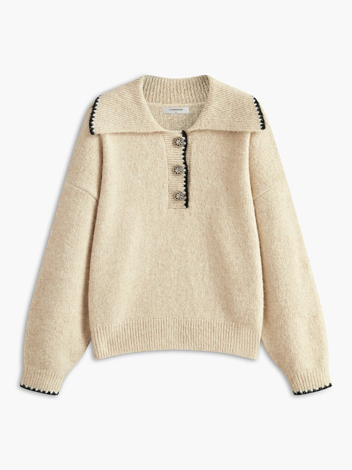 Wool-Blend Embroidered Trim Button Sweater sold by COMMENSE