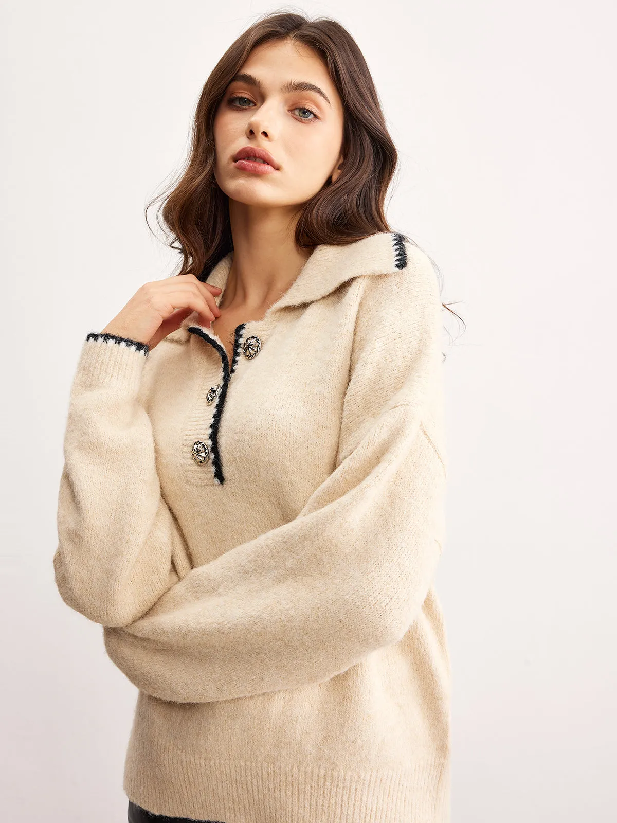 Wool-Blend Embroidered Trim Button Sweater sold by COMMENSE product image thumbnail 5