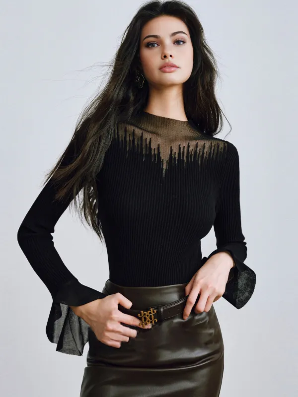 Ruffle Sleeve Thin Sweater sold by COMMENSE