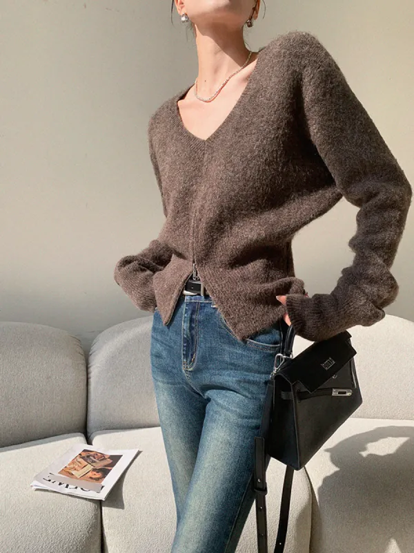 V-Neck Zipper Design Sweater sold by COMMENSE