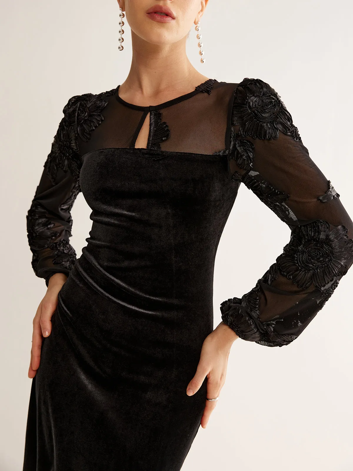 Floral Long Sleeve Velvet Dress sold by COMMENSE product image thumbnail 3