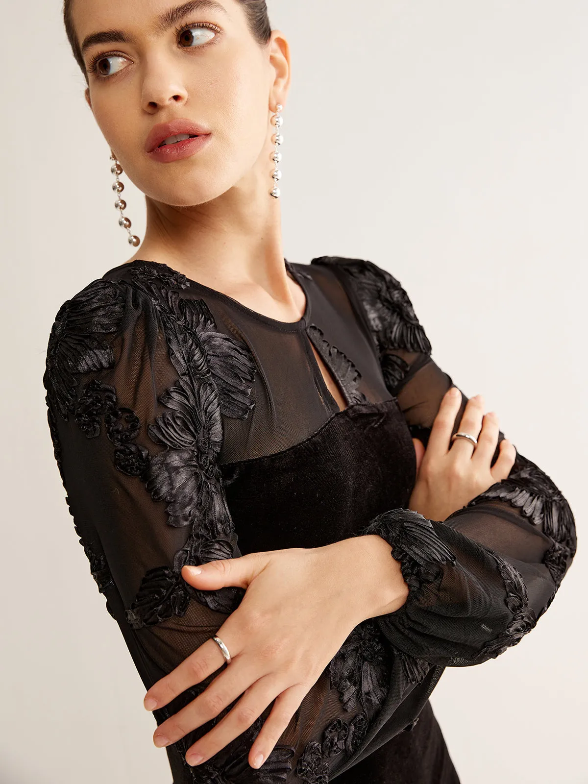 Floral Long Sleeve Velvet Dress sold by COMMENSE product image thumbnail 2