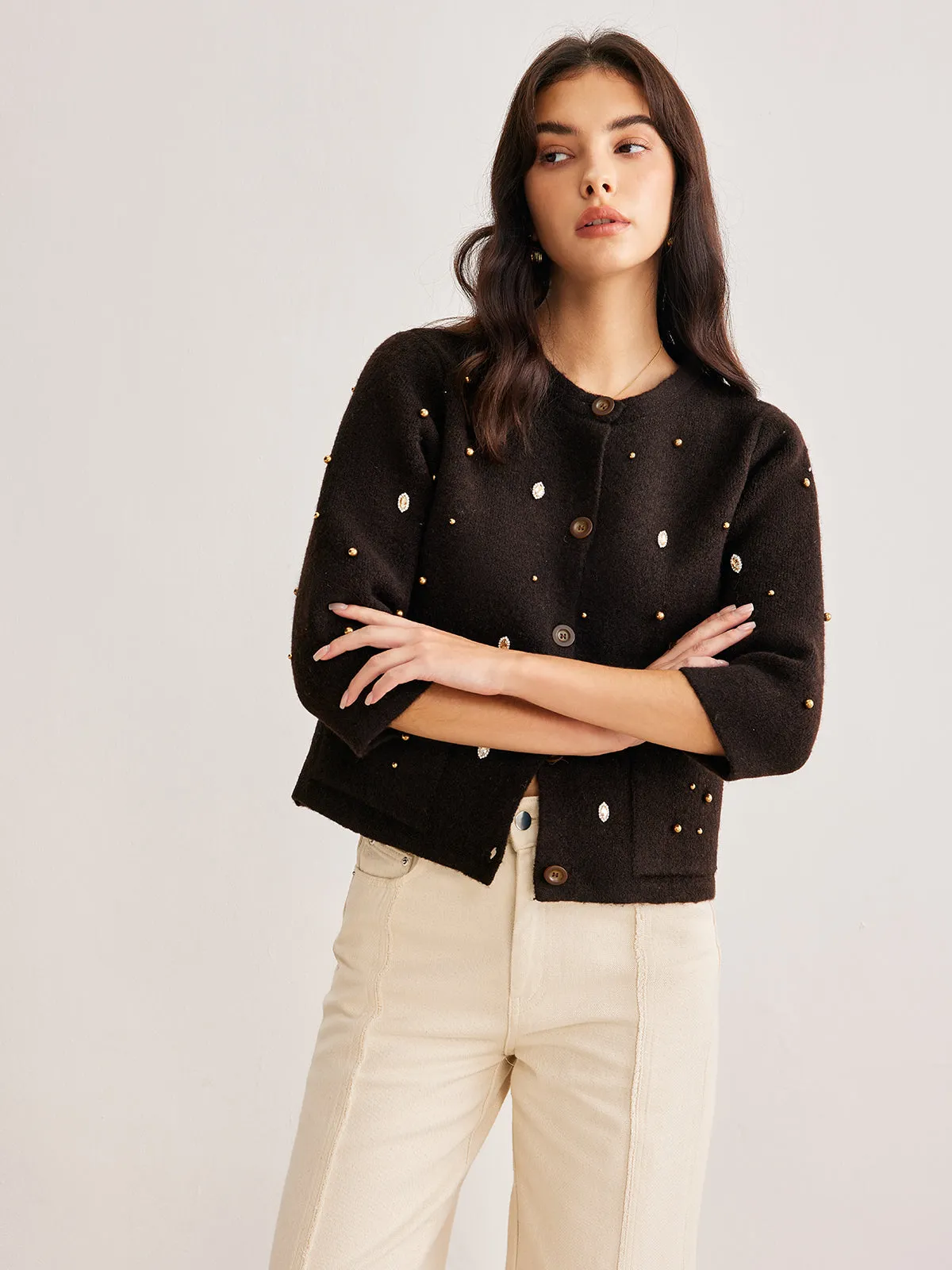 Beaded Button Short Cardigan sold by COMMENSE product image thumbnail 4