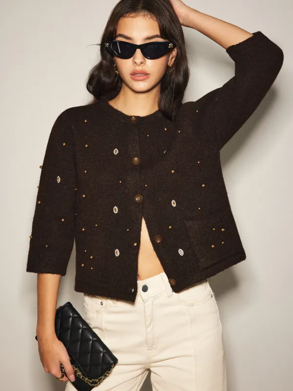 Beaded Button Short Cardigan sold by COMMENSE