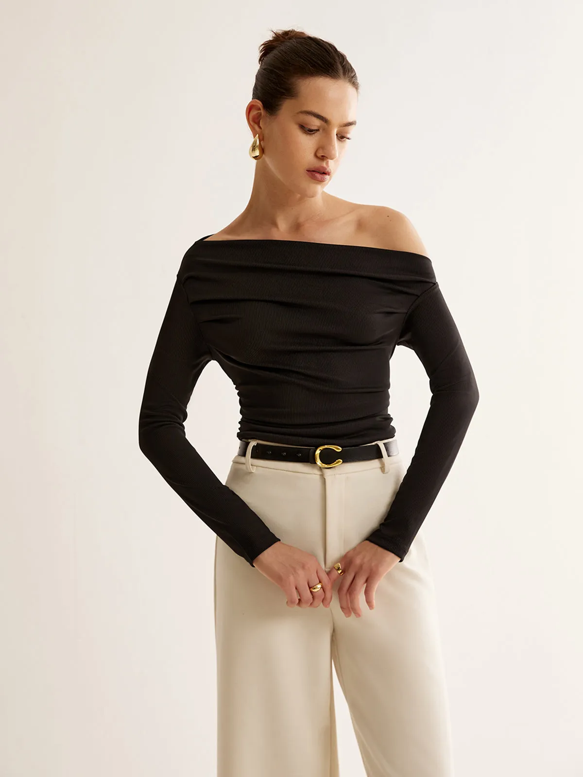 Asymmetrical Neck Pleated Long Sleeve Top sold by COMMENSE product image thumbnail 4
