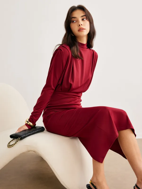 Mock Neck Pleated Jersey Dress sold by COMMENSE