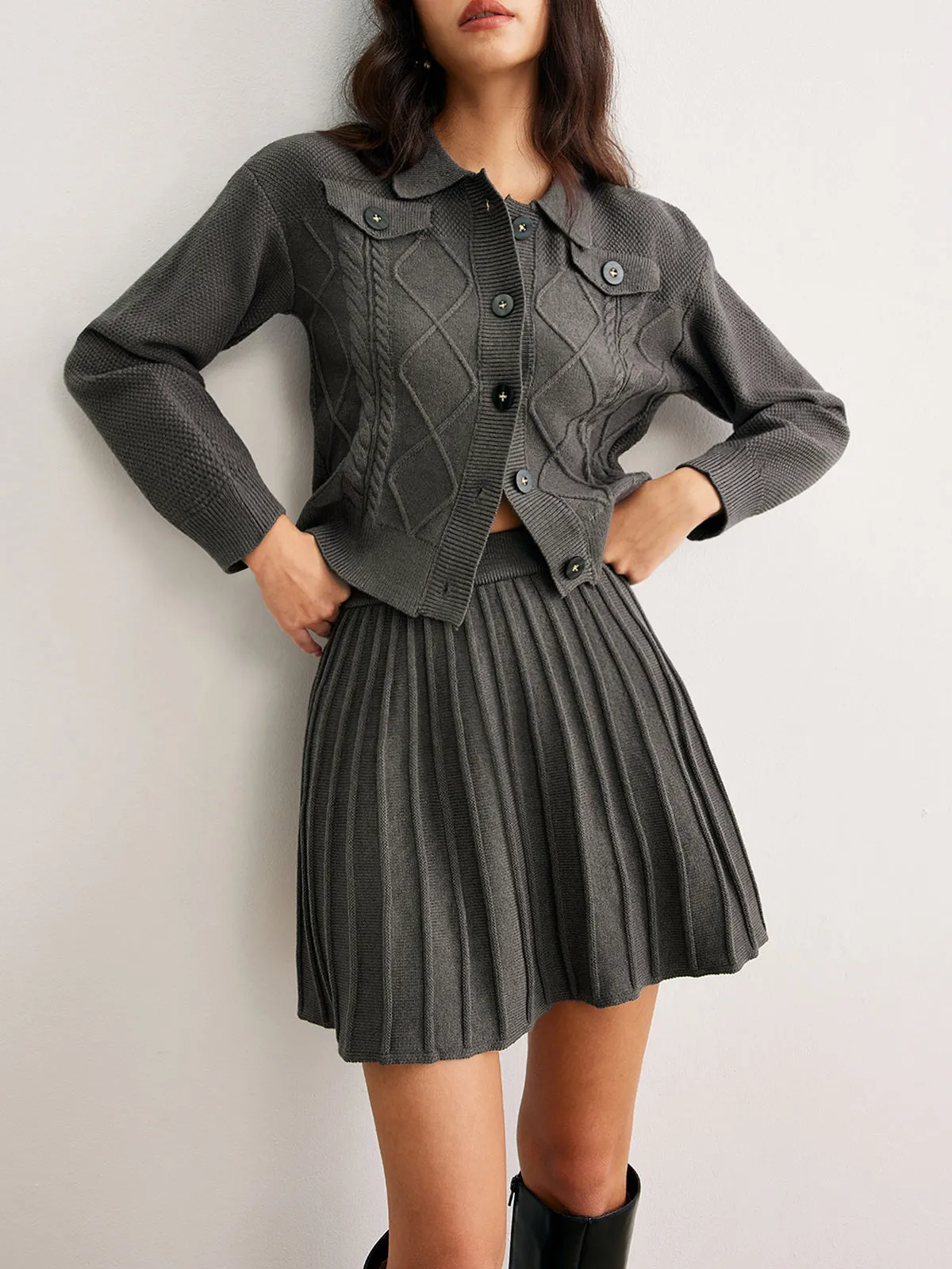 Cable-Knit Pleated Skirt Set sold by COMMENSE