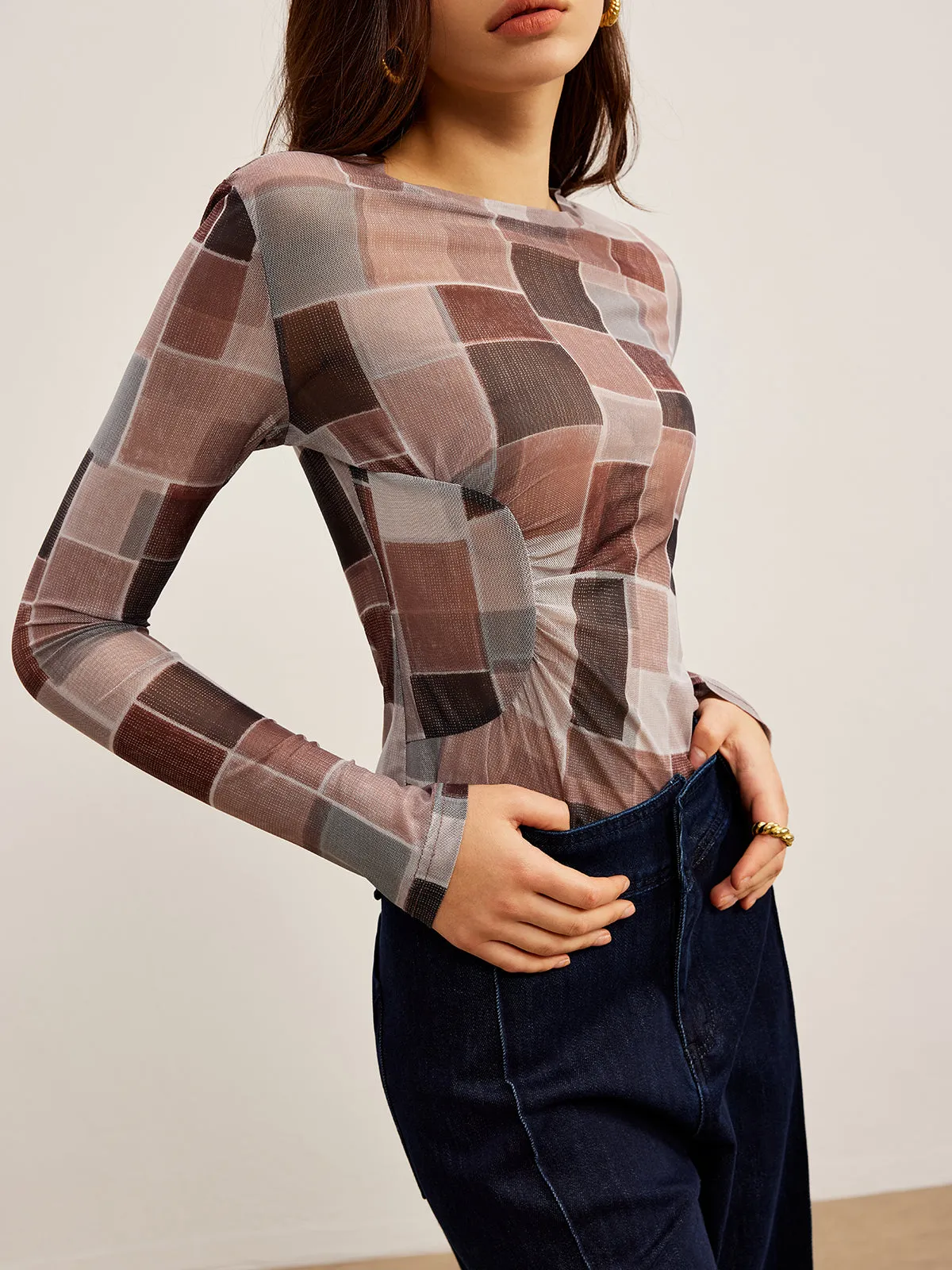 Mesh Plaid Slim Blouse sold by COMMENSE product image thumbnail 4