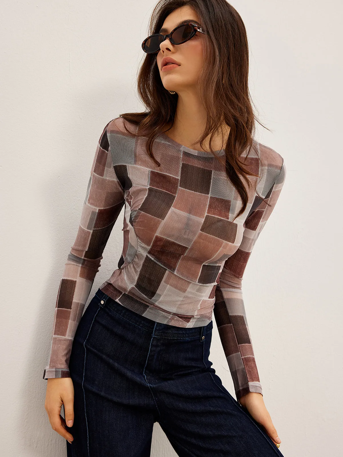 Mesh Plaid Slim Blouse sold by COMMENSE