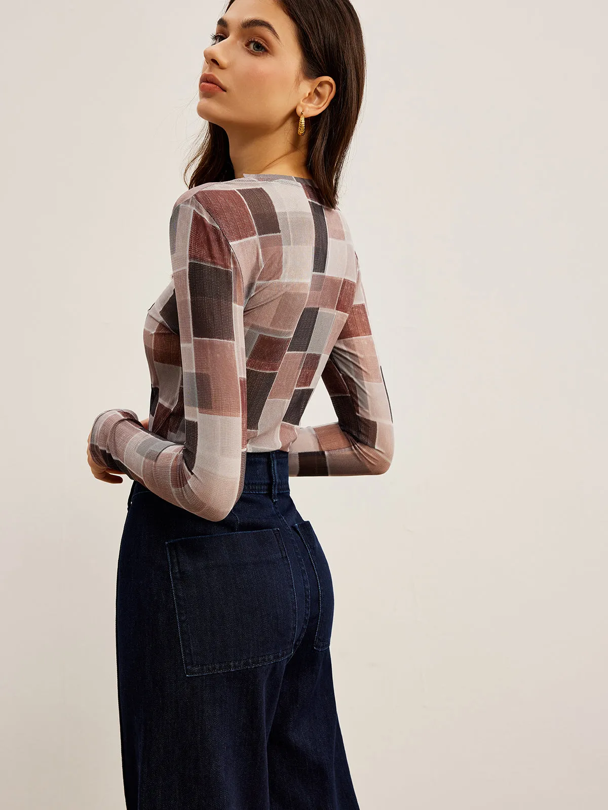 Mesh Plaid Slim Blouse sold by COMMENSE product image thumbnail 5