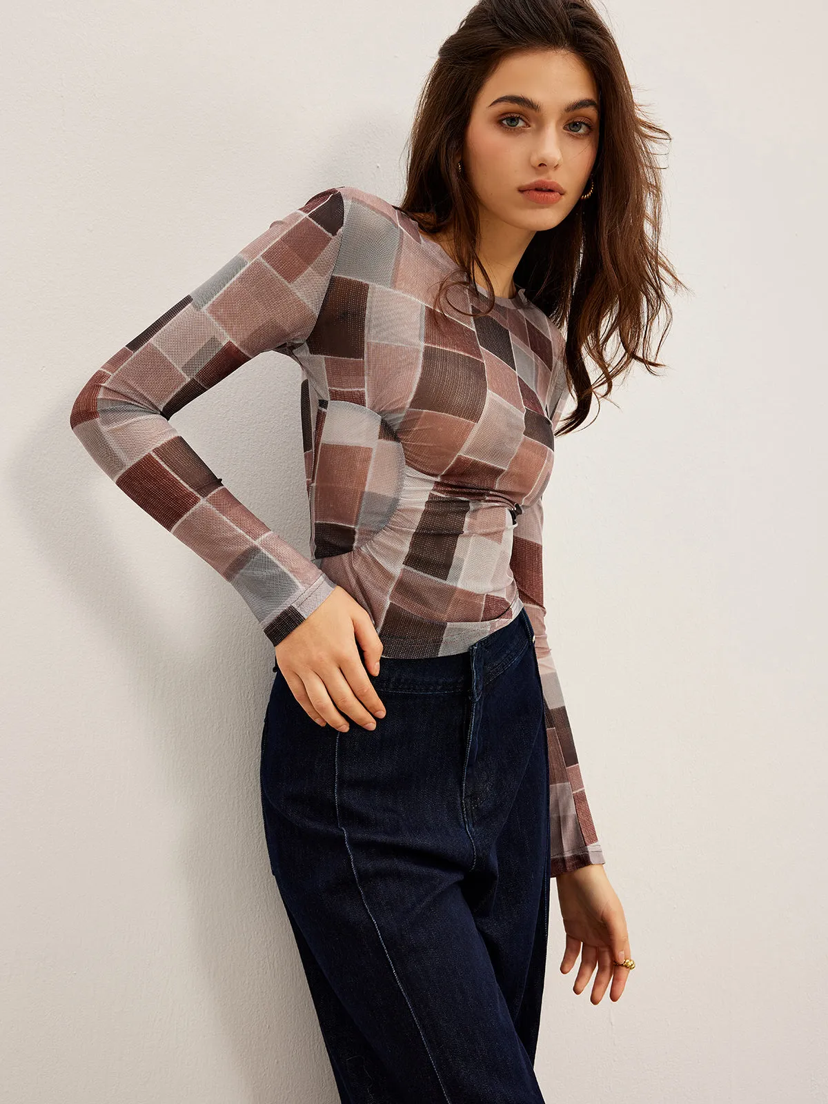 Mesh Plaid Slim Blouse sold by COMMENSE product image thumbnail 2