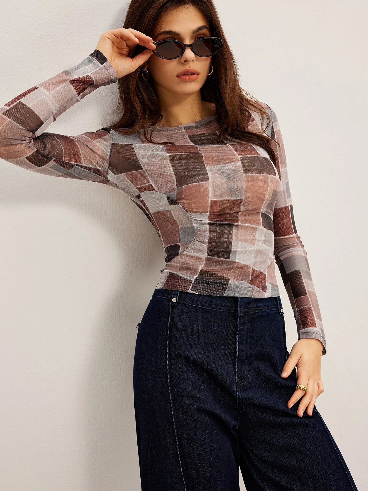 Mesh Plaid Slim Blouse sold by COMMENSE product image thumbnail 3