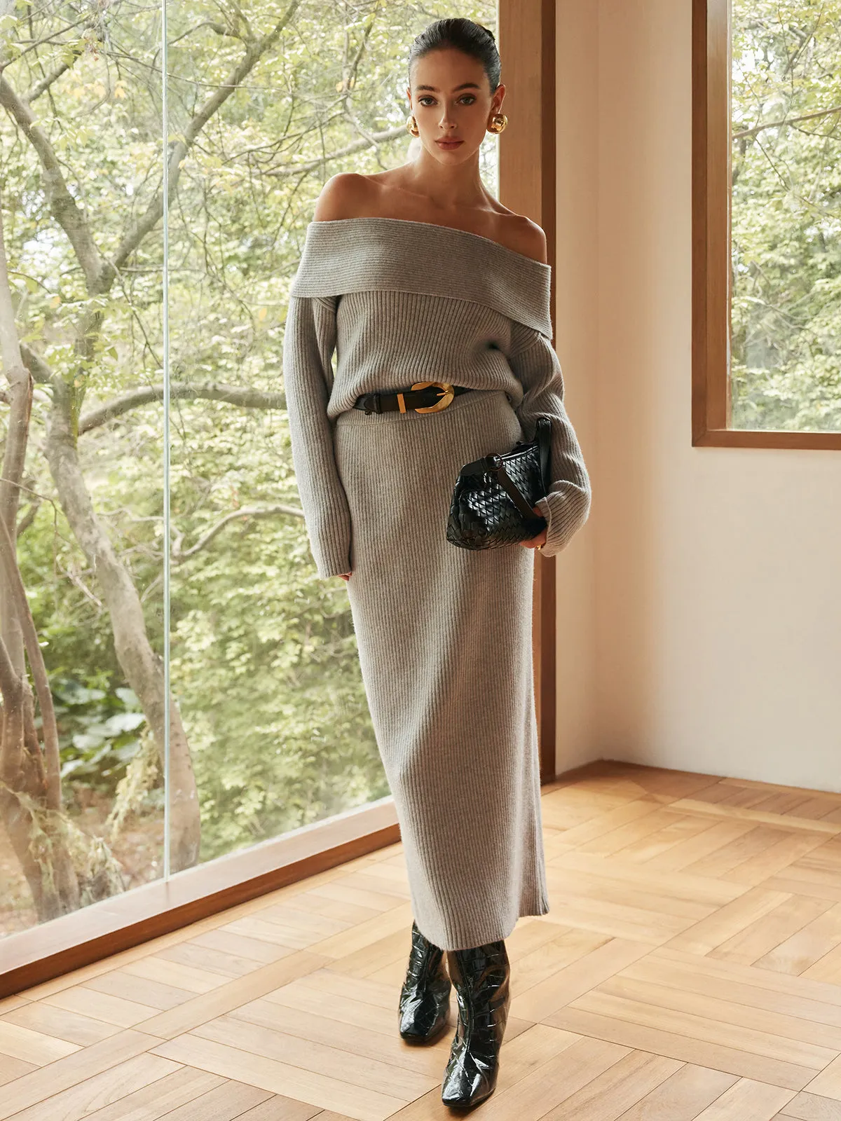 Ribbed Off-Shoulder Sweater Co-ord Without Belt sold by COMMENSE