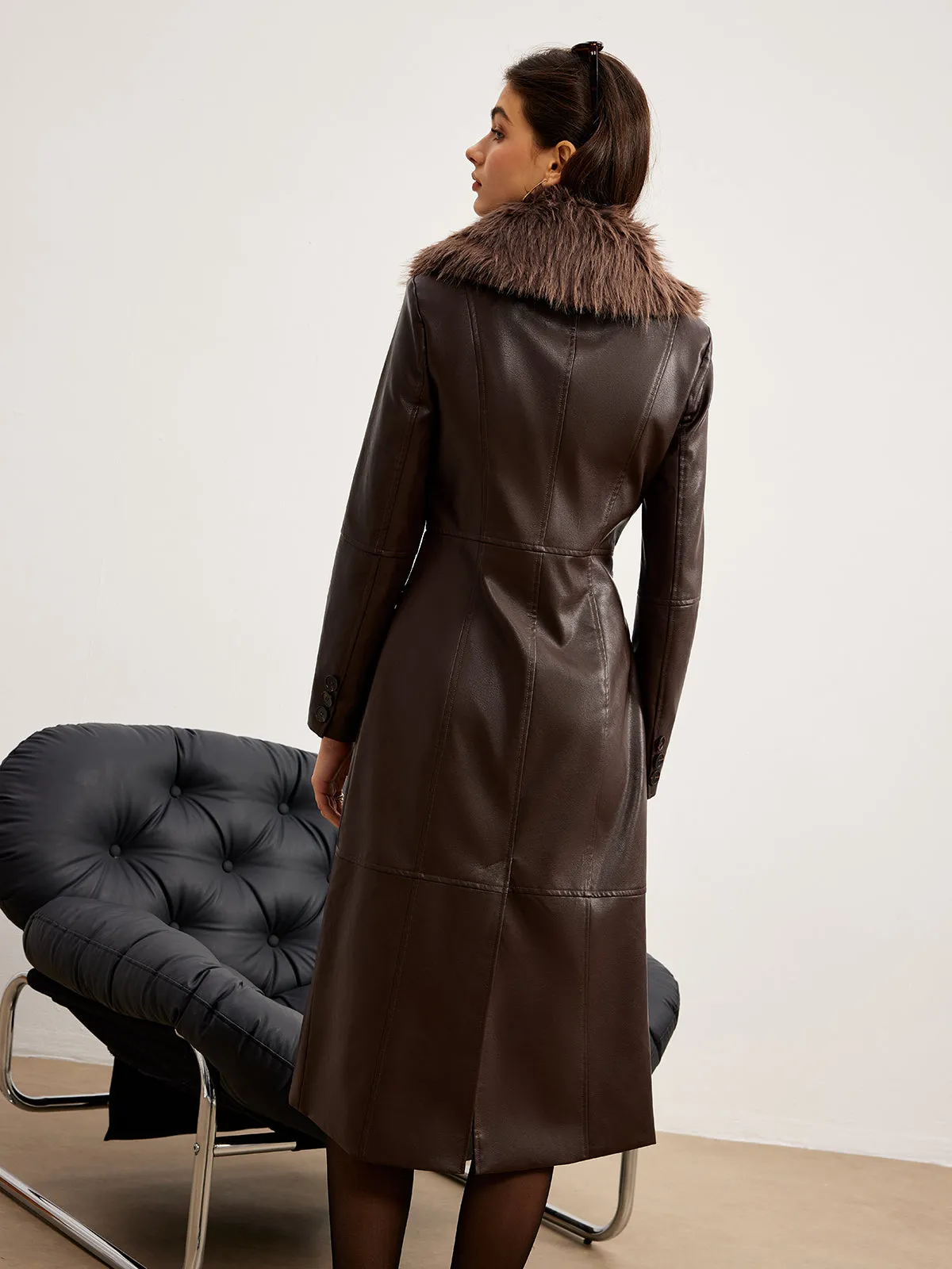 Detachable Fuzzy Collar Faux Leather Long Jacket sold by COMMENSE product image thumbnail 4