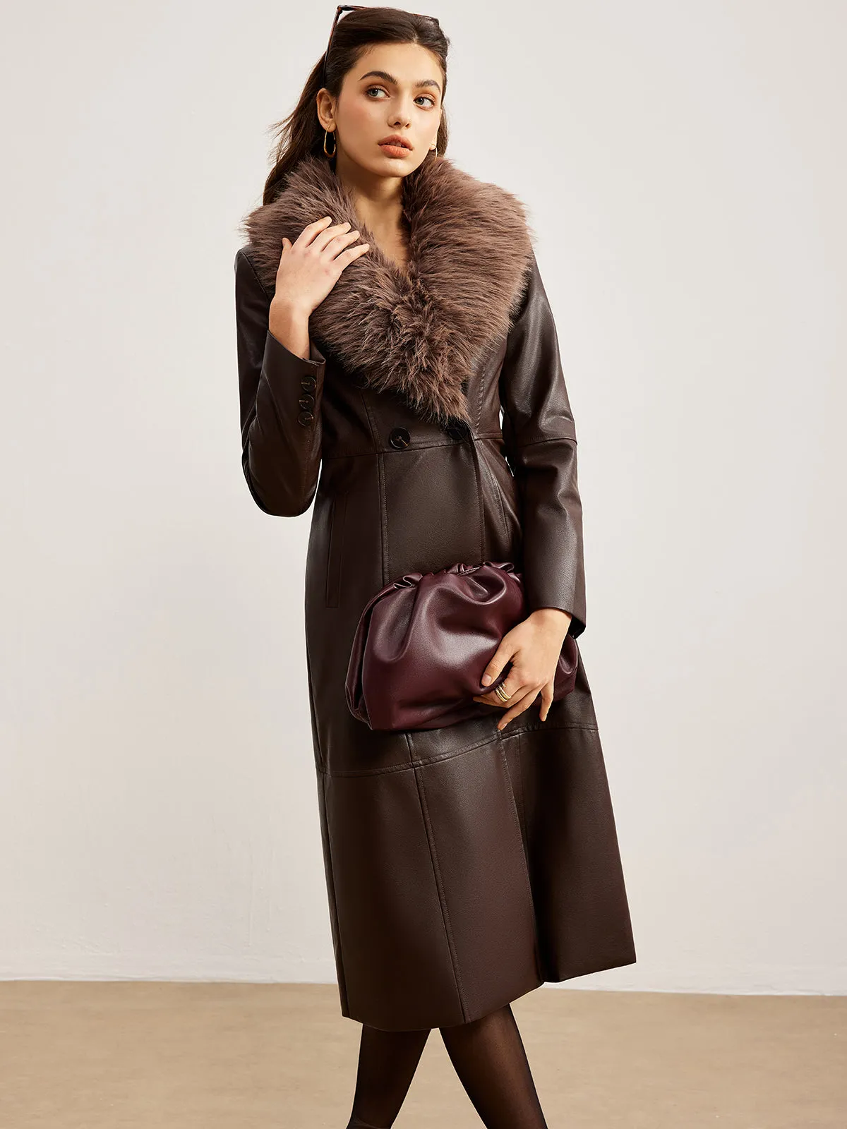 Detachable Fuzzy Collar Faux Leather Long Jacket sold by COMMENSE product image thumbnail 2