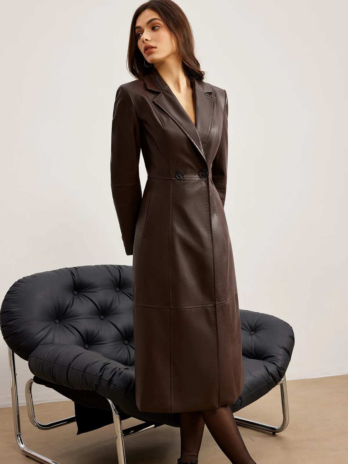 Detachable Fuzzy Collar Faux Leather Long Jacket sold by COMMENSE product image thumbnail 3