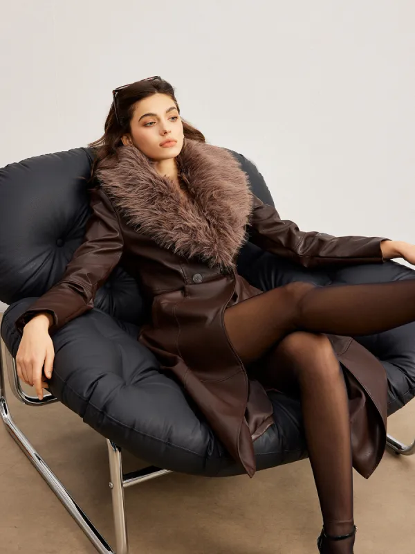 Detachable Fuzzy Collar Faux Leather Long Jacket sold by COMMENSE
