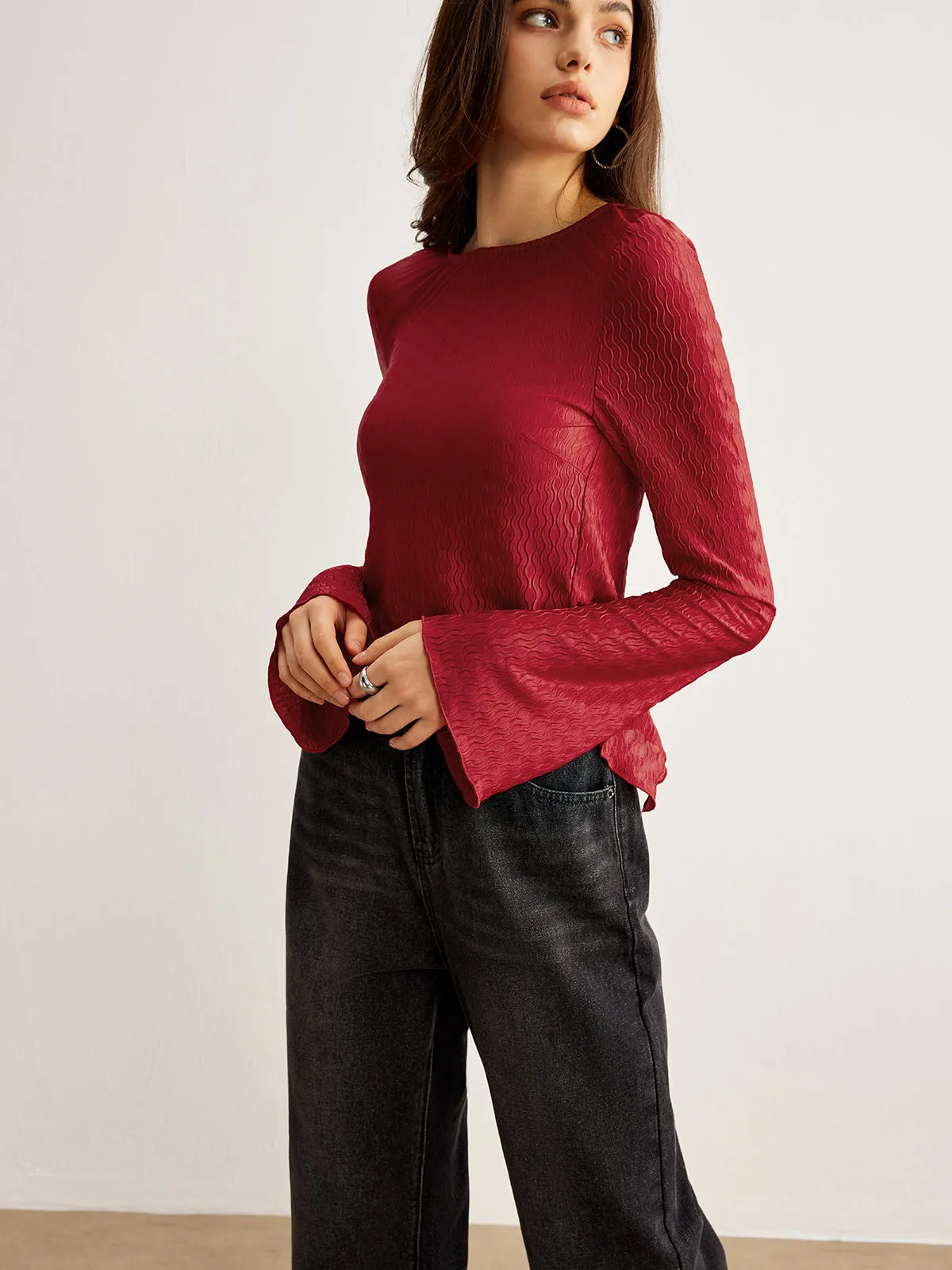 Curve Textured Backless Tie Blouse sold by COMMENSE product image thumbnail 2