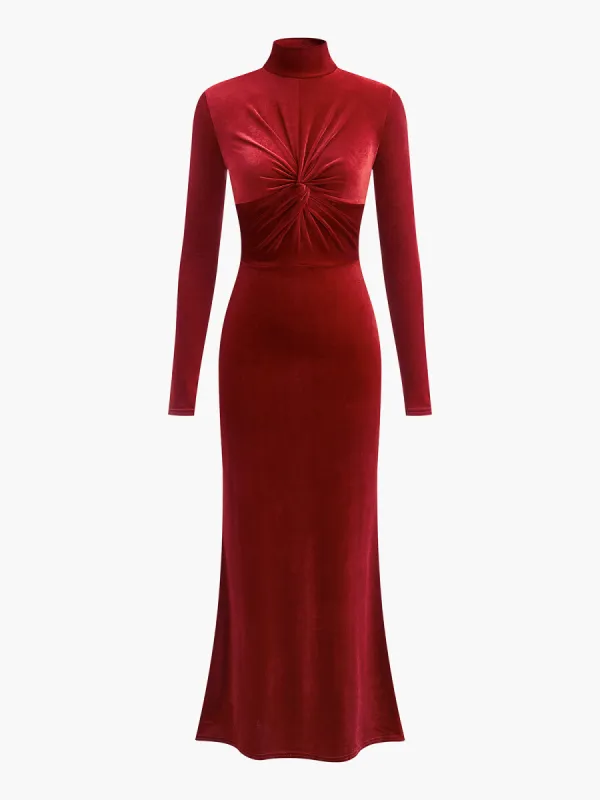 Mock Neck Knotted Velvet Dress sold by COMMENSE