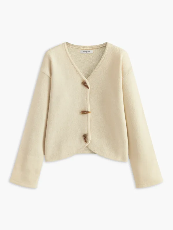 Romance Button Draped Cardigan sold by COMMENSE