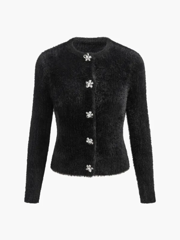 Floral Button Fuzzy Cardigan sold by COMMENSE