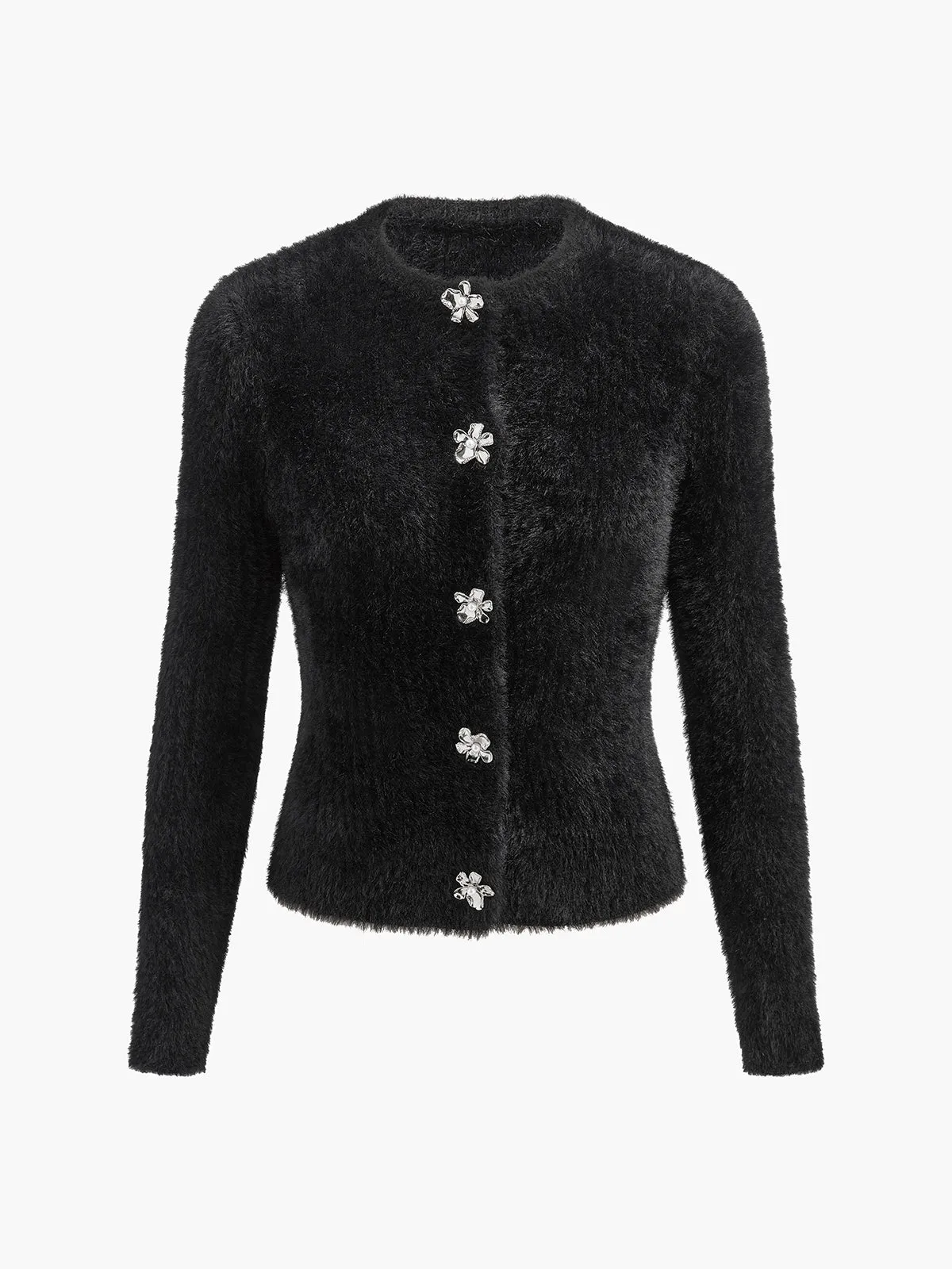 Floral Button Fuzzy Cardigan sold by COMMENSE