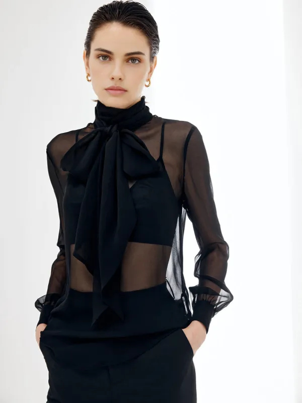 Sheer Bow Chiffon Shirt sold by COMMENSE