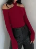Criss Cross Cold-Shoulder Ribbed Top sold by COMMENSE