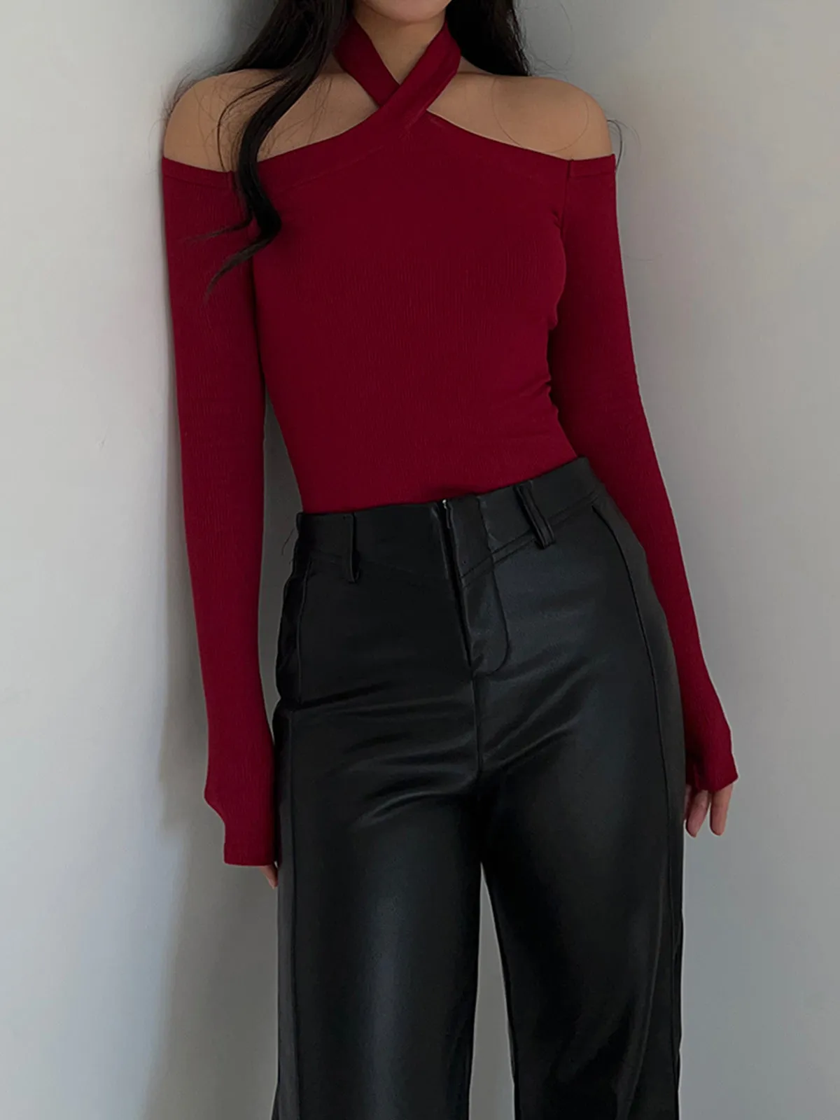 Criss Cross Cold-Shoulder Ribbed Top sold by COMMENSE product image thumbnail 4