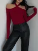 Criss Cross Cold-Shoulder Ribbed Top sold by COMMENSE