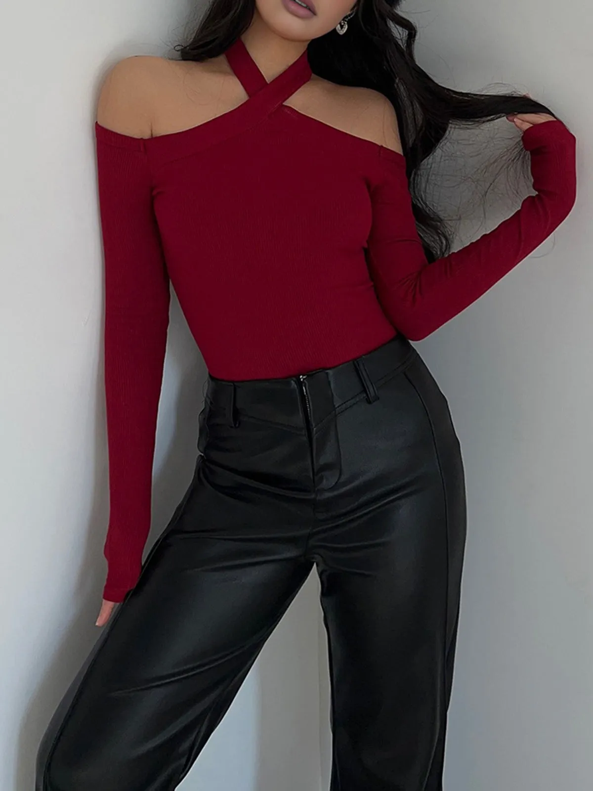 Criss Cross Cold-Shoulder Ribbed Top sold by COMMENSE