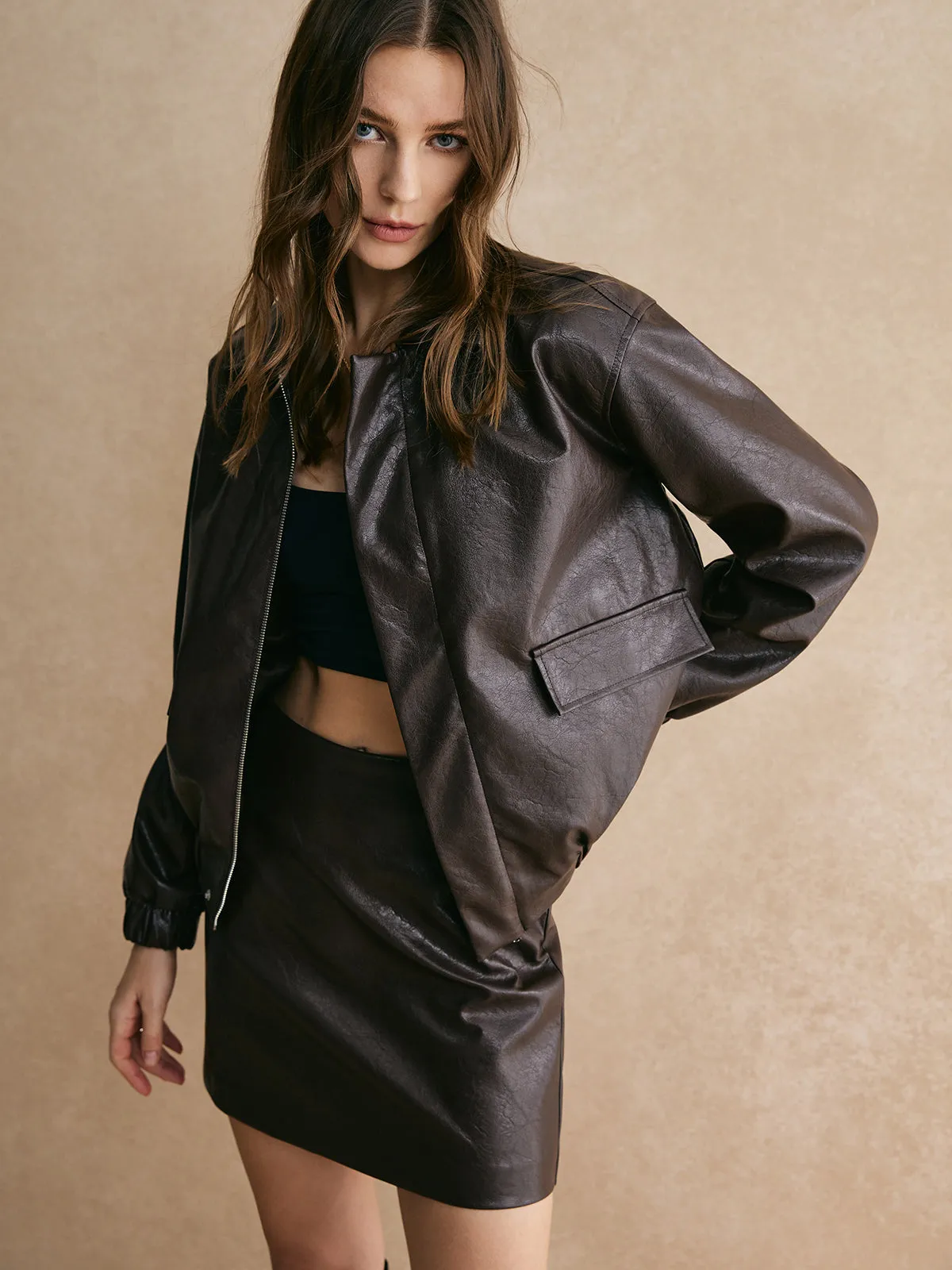 Back Zipper Faux Leather Mini Skirt sold by COMMENSE product image thumbnail 4