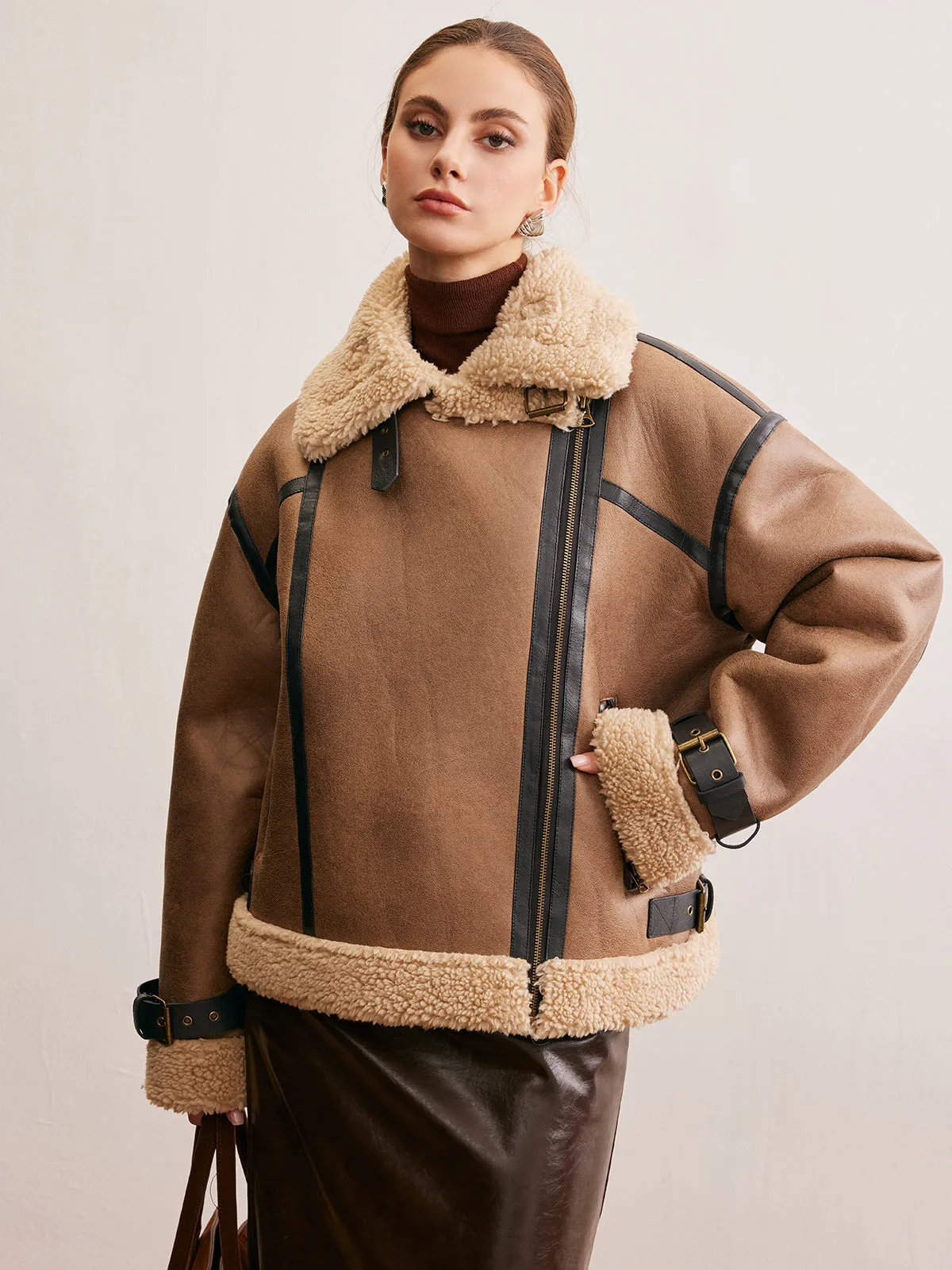 Faux Leather Zipper Teddy Coat sold by COMMENSE product image thumbnail 3