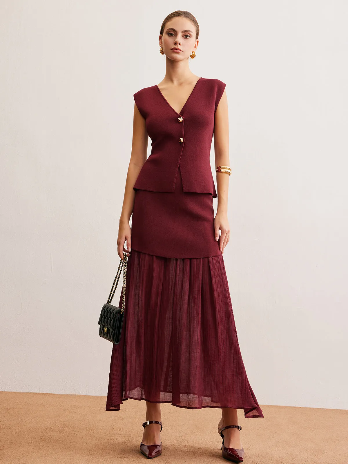 Elegant Sleeveless Panel Skirt Set sold by COMMENSE