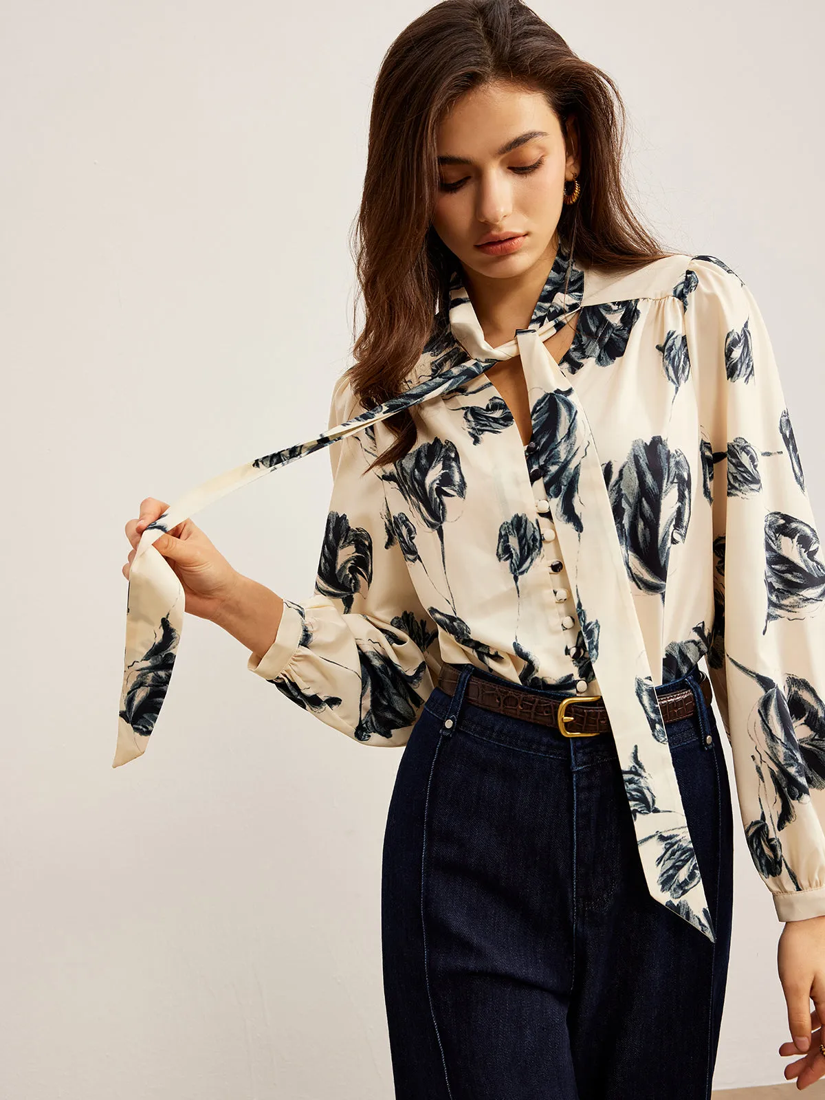 Boheme Printed Tie Neck Satin Blouse sold by COMMENSE
