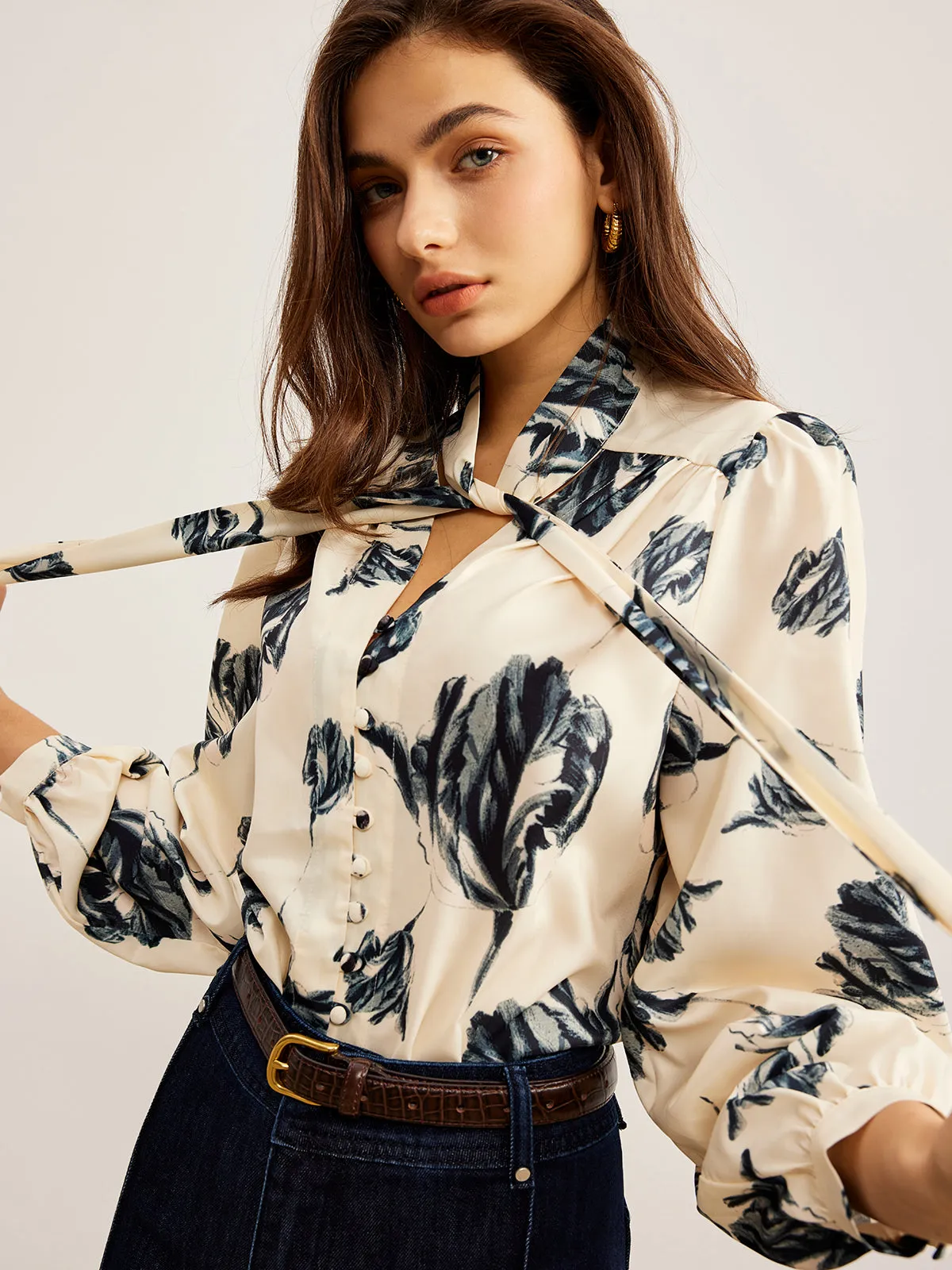 Boheme Printed Tie Neck Satin Blouse sold by COMMENSE product image thumbnail 5