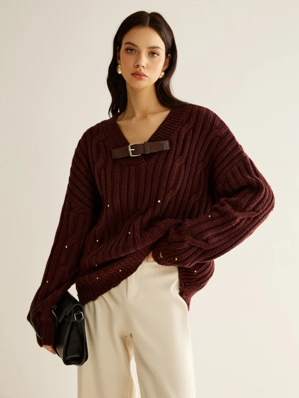 Buckle Belted Beaded Knit Top sold by COMMENSE